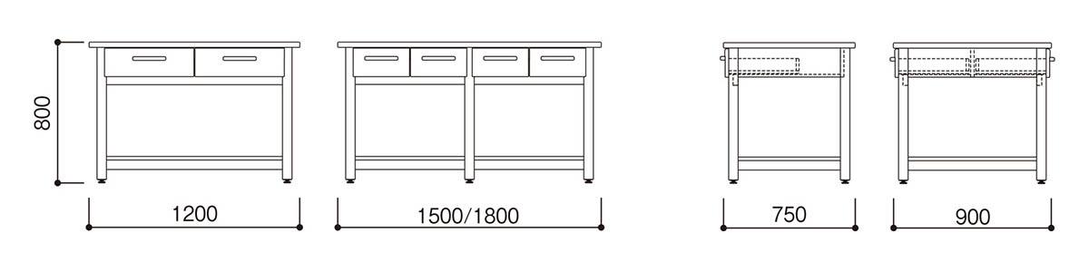 木製作業台 片面 アジャスタータイプ 棚付 引出し付 L76JWF